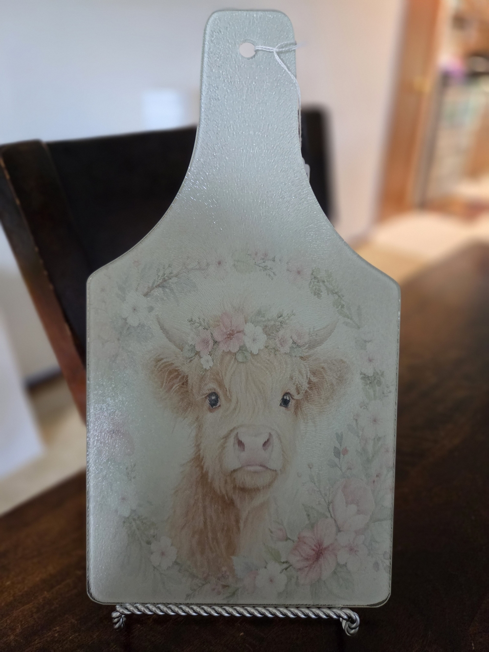 Floral Highland Cow Tempered Glass Cutting/ Chaucuterie Board - Pastel Neutrals